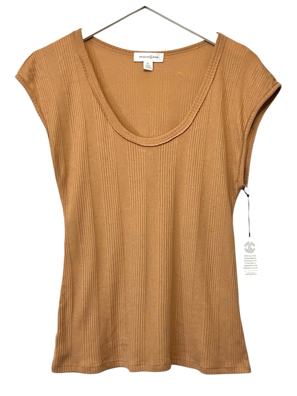 Treasure & Bond Ribbed Knit Top, Scoop Neckline, Cap Sleeves, Color Tan, Size XL